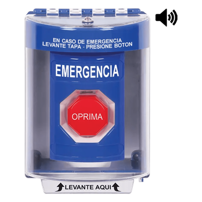 Botón Multipropósito, Color Azul, De Superficie con Espaciador, C/Tapa De Policarbonato, C/Bocina Pre Alarma, Interior/Exterior, Llave Para Restablecer, Texto De Emergencia, Español