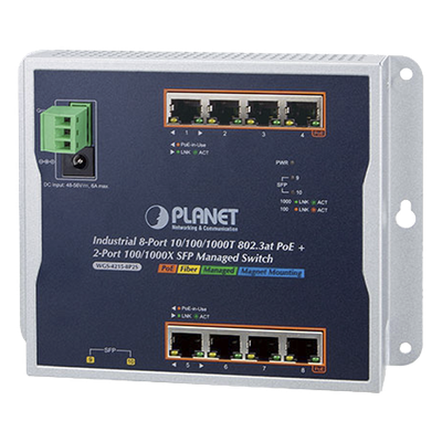 Switch Industrial PoE Administrable de Pared Capa 2, 8 Puertos Gigabit PoE 802.3at y 2 Puertos 100/1000X SFP