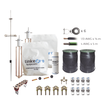 Kit de Protección Contra Rayos / Torre 9 m (29.5 ft) / Electrodo de Cobre Electrolítico / Pararrayos de Aluminio con Ionización / Filtro Equipotencial / Compuesto Reactivador