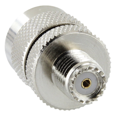 Adaptador en Línea de Conector Mini UHF Hembra a UHF Macho (PL-259), Níquel/ Oro/ Teflón.