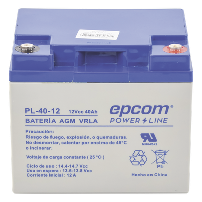 Batería 12 Vcc / 40 Ah / UL / Tecnología AGM-VRLA / Para uso en equipo electrónico Alarmas de intrusión / Incendio/ Control de acceso / Video Vigilancia / Terminales tipo M6 ( HEX ) / Cargador reco