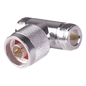 Adaptador en T, de Conector N Macho a Doble N Hembra, Plata/ Oro/ Teflón.