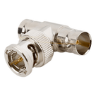 Adaptador RF en T / BNC Macho a Doble BNC Hembra / 50 Ohm / Cuerpo Troquelado Niquelado / Contacto Oro / Aislante Delrin