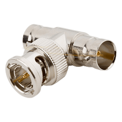Adaptador RF en T / BNC Macho a Doble BNC Hembra / 50 Ohm / Cuerpo Troquelado Niquelado / Contacto Oro / Aislante Delrin
