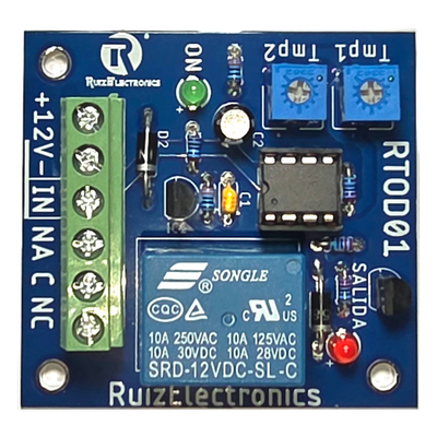 Tarjeta Temporizadora RTOD01 / Retardo 0-60 segundos / Duración 0-60 segundos / Alimentación 12VDC / Salida Relevador NA-NC-C / Indicadores LED