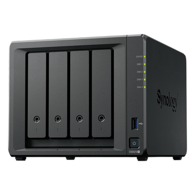 NAS DiskStation DS925+ | 4 Bahías | Expandible a 9 Bahías | 2 Puertos 2.5GbE | 2 Ranuras M.2 NVMe | AMD Ryzen V1500B | 4 GB DDR4 ECC | Hasta 565 MB/s Escritura Secuencial | Compatible con RAID | Sy