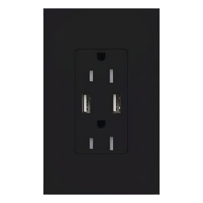 Tomacorriente de pared 15 A con dos puertos USB tipo A de 3.8 A para carga de dispositivos, resistente a manipulaciones, línea Satin Colors color Midnight