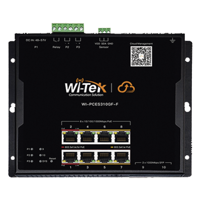 Switch L2 PoE Industrial / Administración Cloud Gratuita / 8 Puertos PoE af/at/bt 10/100/1000 Mbps / 2 Puertos SFP Gigabit / Máx Presupuesto PoE 145 W / Montaje Magnético - Riel DIN.