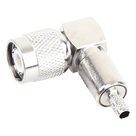 Conector RF TNC Macho / Ángulo Recto / Ensamblaje Anillo Plegable / Bronce Niquelado / Contacto Oro / Dieléctrico Teflón