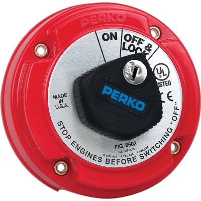 Interruptor de Desconexión de Batería Marina PERKO 9602 con Llave / 250A Continuos 360A Intermitentes / 6-32 VCC / Bloqueo en OFF / Montaje Superficie / Encendido Protegido