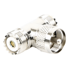 Adaptador RF en T / UHF Macho PL-259 a Doble UHF Hembra SO-239 / 50 Ohm / Níquel-Plata / Delrin