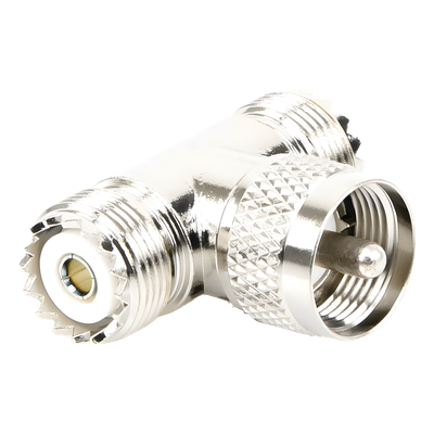 Adaptador en forma T, de Conector UHF Macho (PL-259) a Doble UHF Hembra (SO-239), Níquel/ Plata/ Delrin.