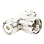 Adaptador en forma T, de Conector UHF Macho (PL-259) a Doble UHF Hembra (SO-239), Níquel/ Plata/ Delrin.