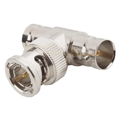 Adaptador en T para 50 Ohm de BNC Macho a Doble BNC Hembra, Maquinado, Níquel/ Oro/ Teflón.