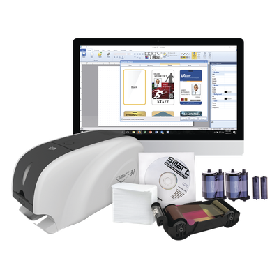 Kit Impresora de tarjetas PVC/ Una Cara /incluye: 2 x Ribbons, 100 Tarjetas PVC, Software, Kit Limpieza, Garantia 3 Años, Mascara de Seguridad UV