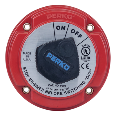 Interruptor de Desconexión de Batería Marina PERKO 9601 / 250A Continuos 360A Intermitentes / 6-32 VCC / Encendido Protegido / Desconexión de Alternador / Seguridad con Llave