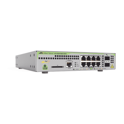 Switch PoE+ Administrable CentreCOM GS970M, Capa 3 de 8 Puertos 10/100/1000 Mbps + 2 SFP Gigabit, 124 W