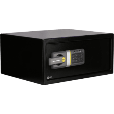 Caja Fuerte Electrónica Residencial / Apertura por Código 3-8 Dígitos / Llave de Emergencia / Puerta Acero Reforzado / Bloqueo 5 Minutos / Alimentación 4 Pilas AA / Indicadores LED