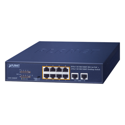 Switch de Escritorio No Administrable / 8 Puertos 10/100/1000T PoE+ 802.3at / 2 Puertos Uplink 10/100/1000T / Presupuesto PoE 120 Watts / Modos Estándar, VLAN y Extend / Distancia Extendida 250 mts