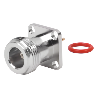 Conector RF N Hembra / Montaje Panel Cuadrado 17.5 mm / 4 Perforaciones 12.7 mm (0.5 in) / Soldable / Contacto Oro / Aislante Teflón