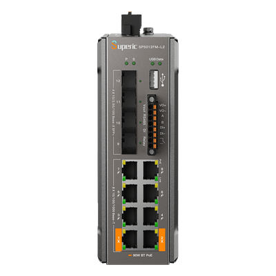 Switch de Red SP5012FM-L2 (V2) / 8 Puertos 10/100/1000Mbps PoE / 4 Puertos SFP 1000M/2.5G/10Gbps / Capacidad de Conmutación 96Gbps / Presupuesto PoE 240W / Alimentación Dual DC / Instalación DIN-ra