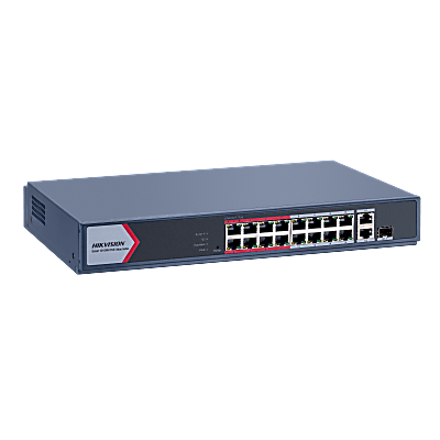 Switch PoE+ / Monitoreable / 16 Puertos 10/100 Mbps PoE+ / 2 Puertos 1000 Mbps Uplink / 1 Puerto SFP Uplink / Modo Extendido hasta 300 Metros / 130 W