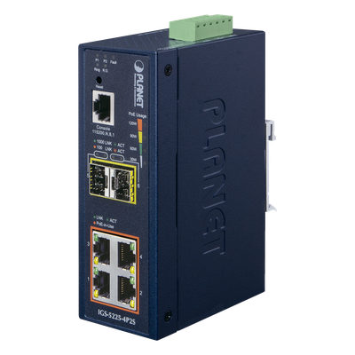 Switch Industrial Administrable Capa 2, 4 Puertos PoE 802.3af/at 10/100/1000T, 2 Puertos SFP 100/1000X