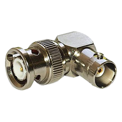 Adaptador en Ángulo Recto, de Conector BNC Macho a BNC Hembra, 50 Ohm (Monitor), Níquel/ Plata/ Teflón.