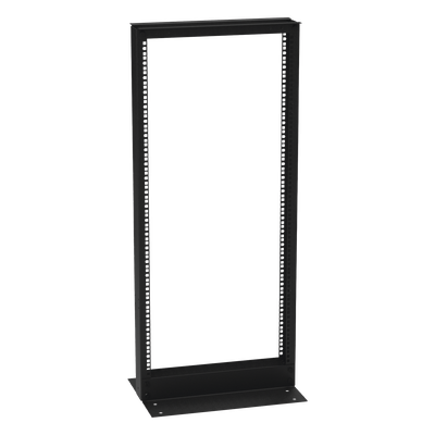 Rack de 2 Postes (Doble Perforación), Estándar 19\", 24 Unidades, Fabricado en Acero, Base \"L\" para Anclar a Piso.