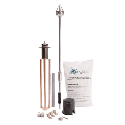 Kit Pararrayo con Punta de Aluminio / Avance de Cebado 30 m (98.4 ft) / Sistema de Tierra 100 A / Conectores de Bronce y Varilla / Accesorios de Instalación en Torre