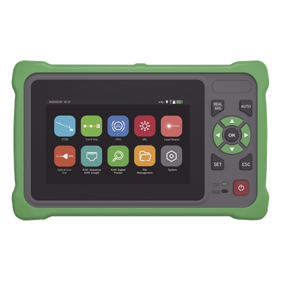 OTDR Touch para Pruebas en los Enlaces de Fibra Óptica / Longitudes de Onda 1310nm y 1550nm / Función VFL 10mW / Función OPM / Función de Mapeo de Cables de Red RJ45 / Recargable / Distancia de Pru