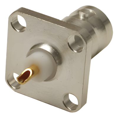 Conector BNC Hembra para Chasis, 4 Perforaciones con 12.7 mm, Plata/ Oro/ Teflón.
