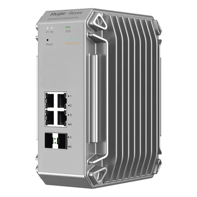 Switch Industrial PoE hasta , Ideal para temperaturas Extremas y protección contra descargas, 4 Puertos Gigabit PoE 802.3 af/at, 2 puertos SFP Administrable Cloud