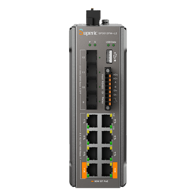 Switch de Red SP3012FM-L2(V3) / 8 Puertos 10/100/1000Mbps PoE / 4 Puertos SFP 1000M/2.5Gbps / Capacidad de Conmutación 36Gbps / Presupuesto PoE 240W / Alimentación Dual DC / Instalación DIN-rail, P