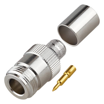 Conector N Hembra Inverso de Anillo Plegable para Cables 9913, RG-8/U, LMR-400, Grupo I, Níquel/ Oro/ Teflón.