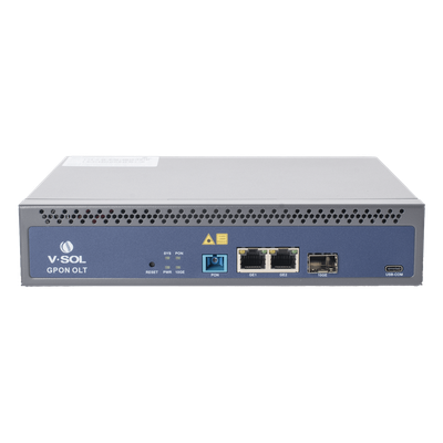 OLT de 1 puerto GPON SC/UPC + 3 puertos Uplink (2 puertos Gigabit Ethernet + 1 puerto SFP/SFP+), Fuente de alimentación redundante AC/DC , hasta 128 ONUS