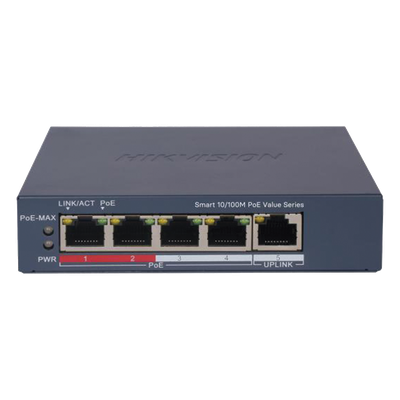 Switch PoE+ / Monitoreable / 4 Puertos 10/100 Mbps PoE+ / 1 Puerto 10/100 Mbps Uplink / Configuración Nube Hik-PartnerPro / Modo Extendido hasta 300 Metros /  45 W