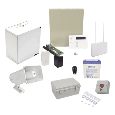 Kit de alarma vecinal con panel de 48 zonas, hasta 40 botones de pánico inalámbricos y sirena exterior