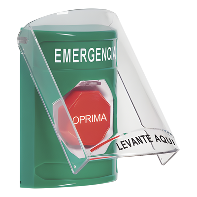 Botón Multipropósito, Color Verde, De Superficie, Con Tapa De Policarbonato, Con Bocina Pre Alarma, Solo Interior, Llave Para Restablecer, Texto De Emergencia, Español