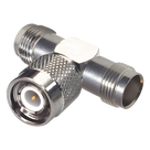 Adaptador RF en T / TNC Macho a Doble TNC Hembra / 50 Ohm / Bronce Niquelado / Contacto Oro / Aislante Teflón