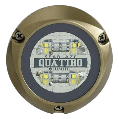 Luz led marina sumergible SeaBlaze Quattro, emite luz multicolor de 2000 lúmenes, fabricada en bronce naval con grado de protección IP68.