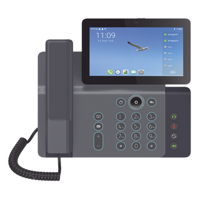 Videoteléfono IP inteligente Insignia, Android 9.0, 20 líneas SIP, pantalla a color 7\" ajustable, Teclado de iluminación configurable, PoE, conferencia local de 10 vías.