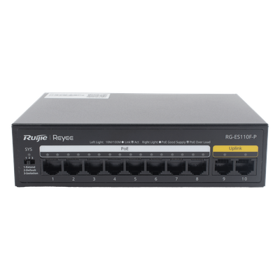 Switch PoE+ no Administrable, Hasta 110 Watts, 8 puertos PoE+ y 2 Uplinks 10/100