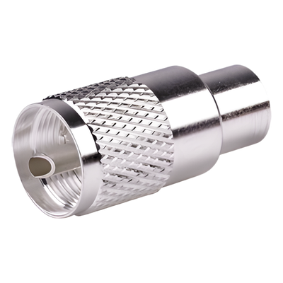 Conector UHF Macho (PL-259) para cables LP-400, RG-8/U, RG-8U-SYS, 8237, 8267, 8268, 9913, CTN-400, 7810, 8214, 7810A, RFLASH-1113, LMR-400, Plata (Concha-Níquel)/ Plata/ D.A.P. (Fibra Sintética)