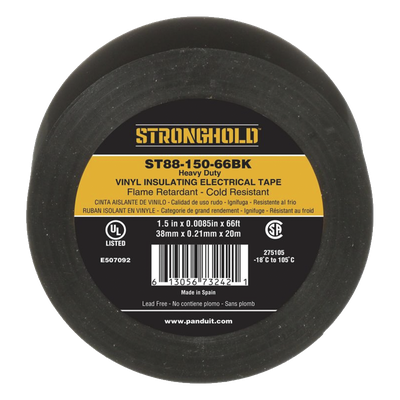 Cinta Eléctrica STRONGHOLD para Aislar, de PVC, Trabajo Pesado Eléctrico Industrial (Soporta UV, abrasión, agua, aceite y corrosión), Grosor de 0.21 mm (8.5 mil), Ancho de 38 mm, y 20 m de Largo, U
