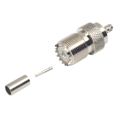 Conector UHF Hembra (SO-239) en Línea, de Anillo Plegable para Cable RG-58/U, RG-142/U, Níquel/ Plata/ Delrin.