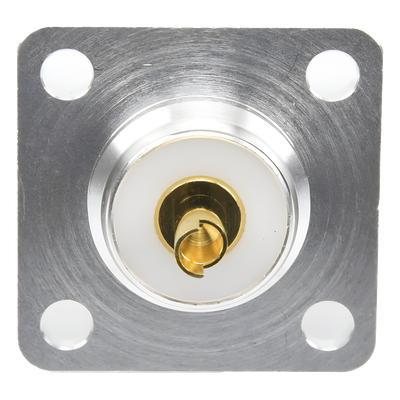 Conector UHF Hembra (SO-239) para Montaje de Chasis con 4 Hoyos a 18 mm, Terminal Soldable, Plata/ Oro/ Teflón.