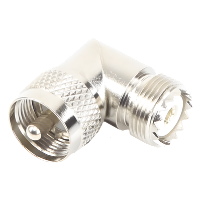 Adaptador en Ángulo Recto, de Conector UHF Macho (PL-259) a UHF Hembra (SO-239), Níquel/ Oro/ Delrin.