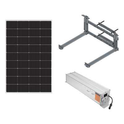 Kit  Solar para alimentar hasta 30W, Salida 12/24 Vcc,  Para alimentar camaras PTZ y Enlaces Punto a Punto, Panel Solar 180W, Bateria Litio 1280 Wh