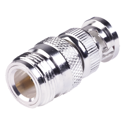 Adaptador en Linea para 50 Ohm, de Conector N Hembra a BNC Macho, Plata /Oro /Teflón.